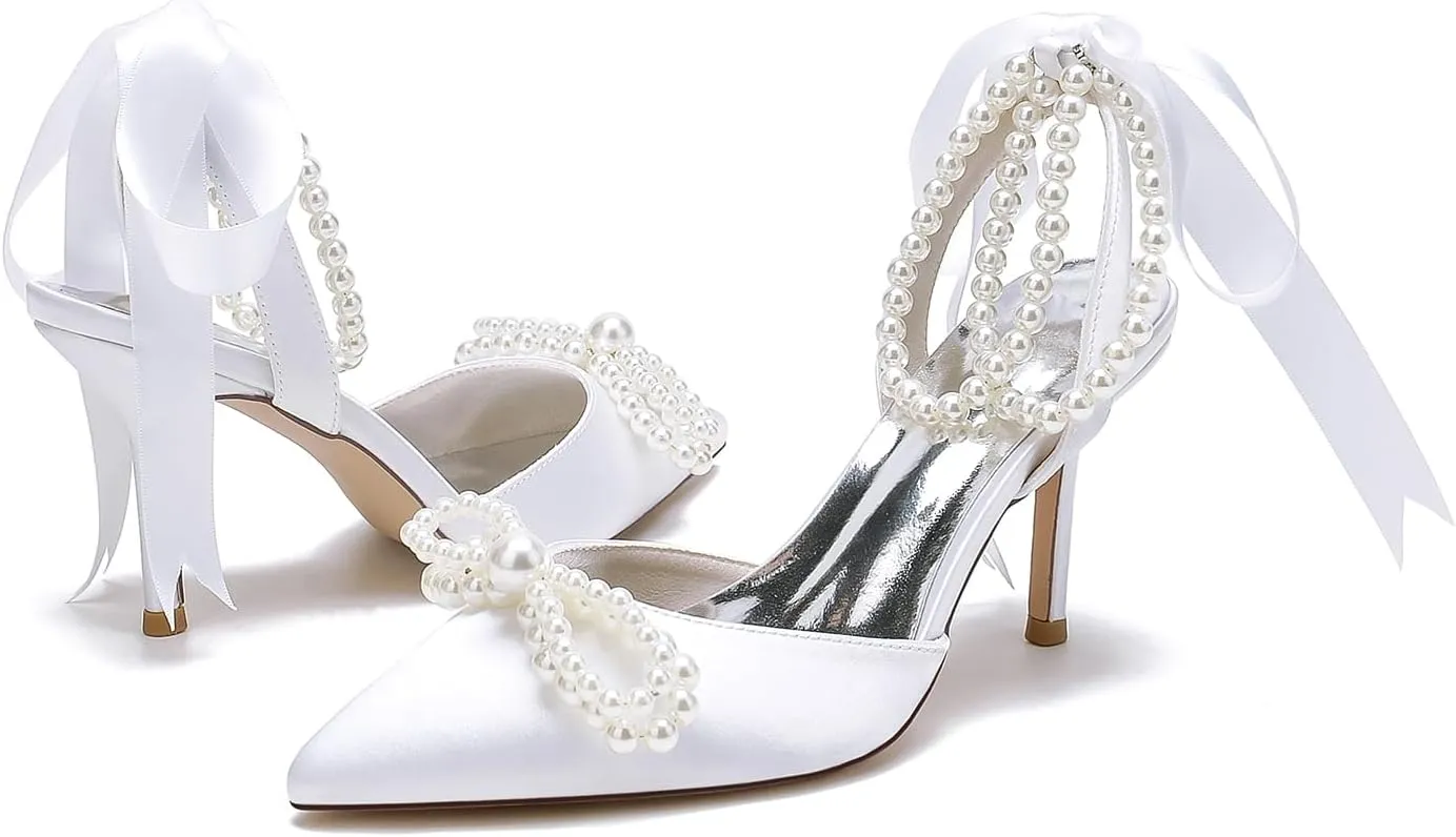 Women's Wedding Shoes Pearls Pointed Toe High Heels Ankle Strap Pumps Bridal Party Work Dress Shoes Sandals