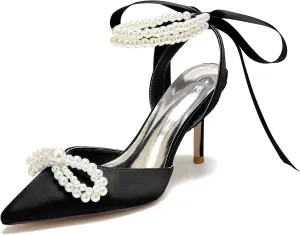 Women's Wedding Shoes Pearls Pointed Toe High Heels Ankle Strap Pumps Bridal Party Work Dress Shoes Sandals