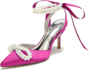 Women's Wedding Shoes Pearls Pointed Toe High Heels Ankle Strap Pumps Bridal Party Work Dress Shoes Sandals