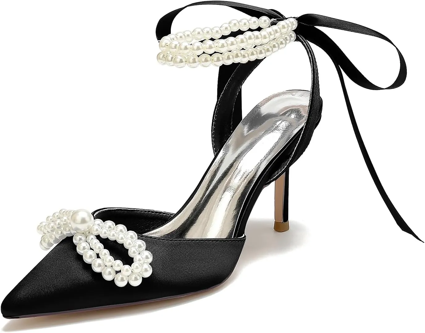 Women's Wedding Shoes Pearls Pointed Toe High Heels Ankle Strap Pumps Bridal Party Work Dress Shoes Sandals