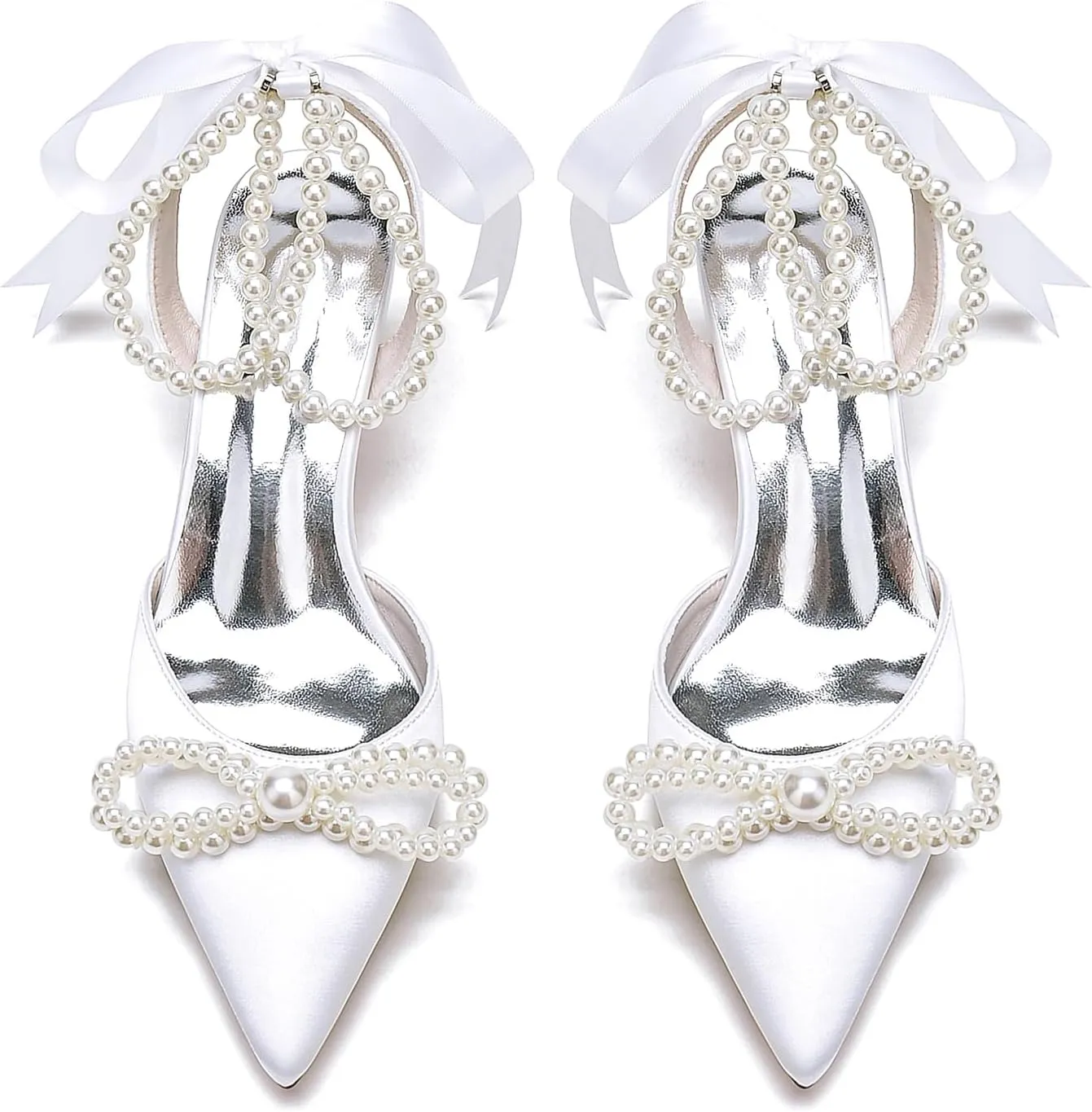 Women's Wedding Shoes Pearls Pointed Toe High Heels Ankle Strap Pumps Bridal Party Work Dress Shoes Sandals