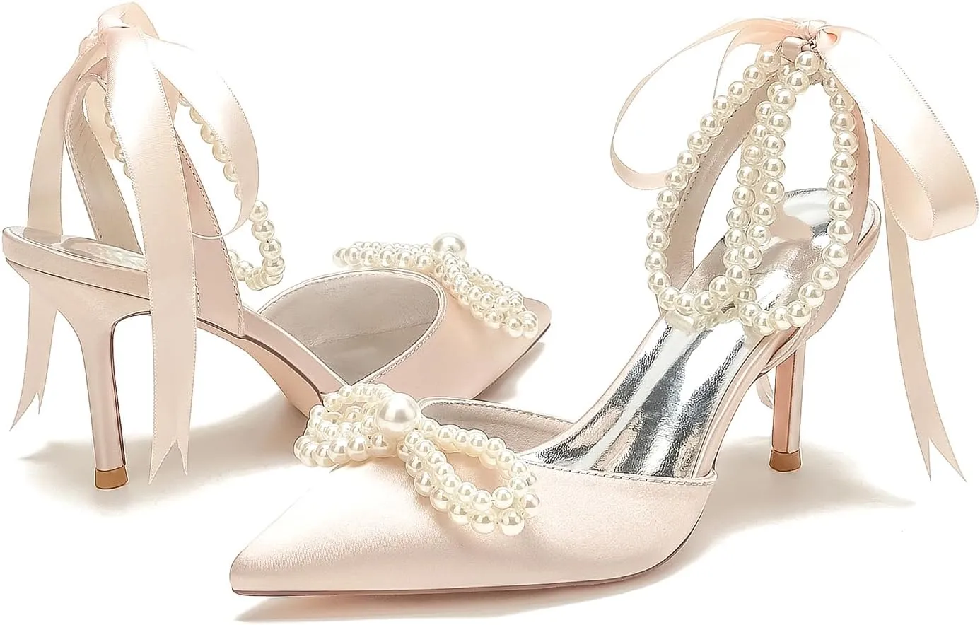 Women's Wedding Shoes Pearls Pointed Toe High Heels Ankle Strap Pumps Bridal Party Work Dress Shoes Sandals