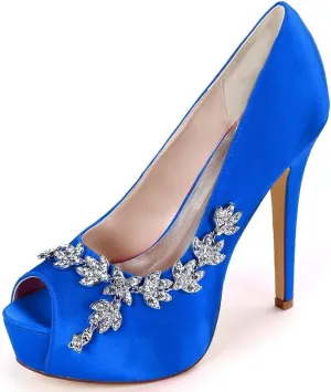 Womens Wedding Shoes Wedding Shoes for Bride High Heel Platform Bridal Shoes Rhinestones Wedding Heels for Women Pumps Satin Evening Party Prom Dress Shoes Dark Purple(Royal Blue,4.5 UK)