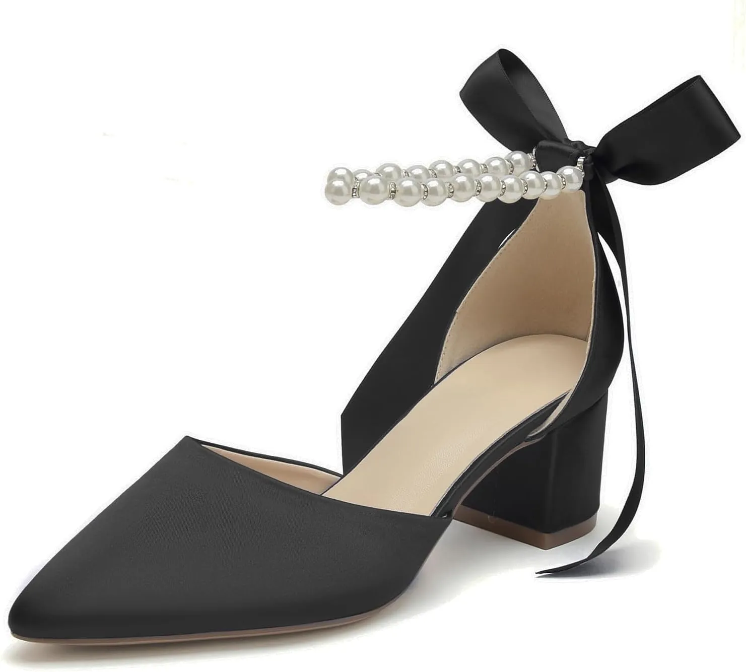 Women's White Wedding Shoes Block Heel Pearls Pointed Toe Chunky Bridal Pumps Prom Evening Shoes Sandals