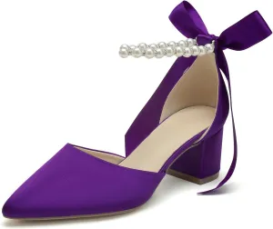 Women's White Wedding Shoes Block Heel Pearls Pointed Toe Chunky Bridal Pumps Prom Evening Shoes Sandals