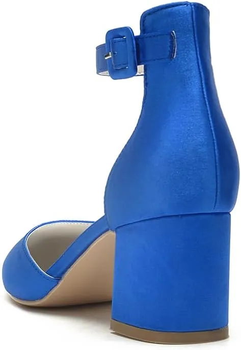 Wome's Pointed Toe Low Chunky Heels Satin Block Ankle Strap Pumps Wedding Bridal Party Dress Shoes