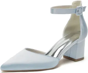 Wome's Pointed Toe Low Chunky Heels Satin Block Ankle Strap Pumps Wedding Bridal Party Dress Shoes