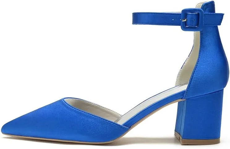 Wome's Pointed Toe Low Chunky Heels Satin Block Ankle Strap Pumps Wedding Bridal Party Dress Shoes