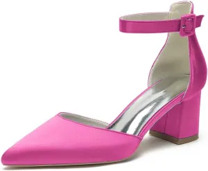 Wome's Pointed Toe Low Chunky Heels Satin Block Ankle Strap Pumps Wedding Bridal Party Dress Shoes