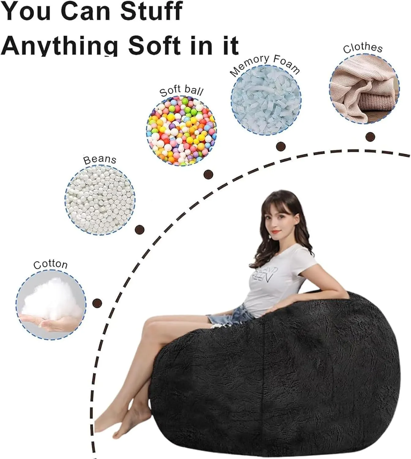 Words Embroidered 6FT Bean Bag Chair for Adults Kids No Filler Soft Oversized Round Giant Beanbag Chair Lazy Sofa Reading Chair Cover, Black