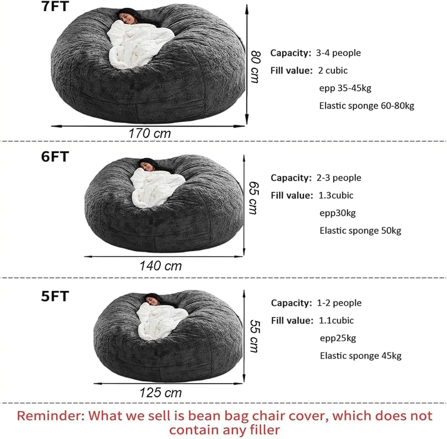 Words Embroidered 6FT Bean Bag Chair for Adults Kids No Filler Soft Oversized Round Giant Beanbag Chair Lazy Sofa Reading Chair Cover, Black
