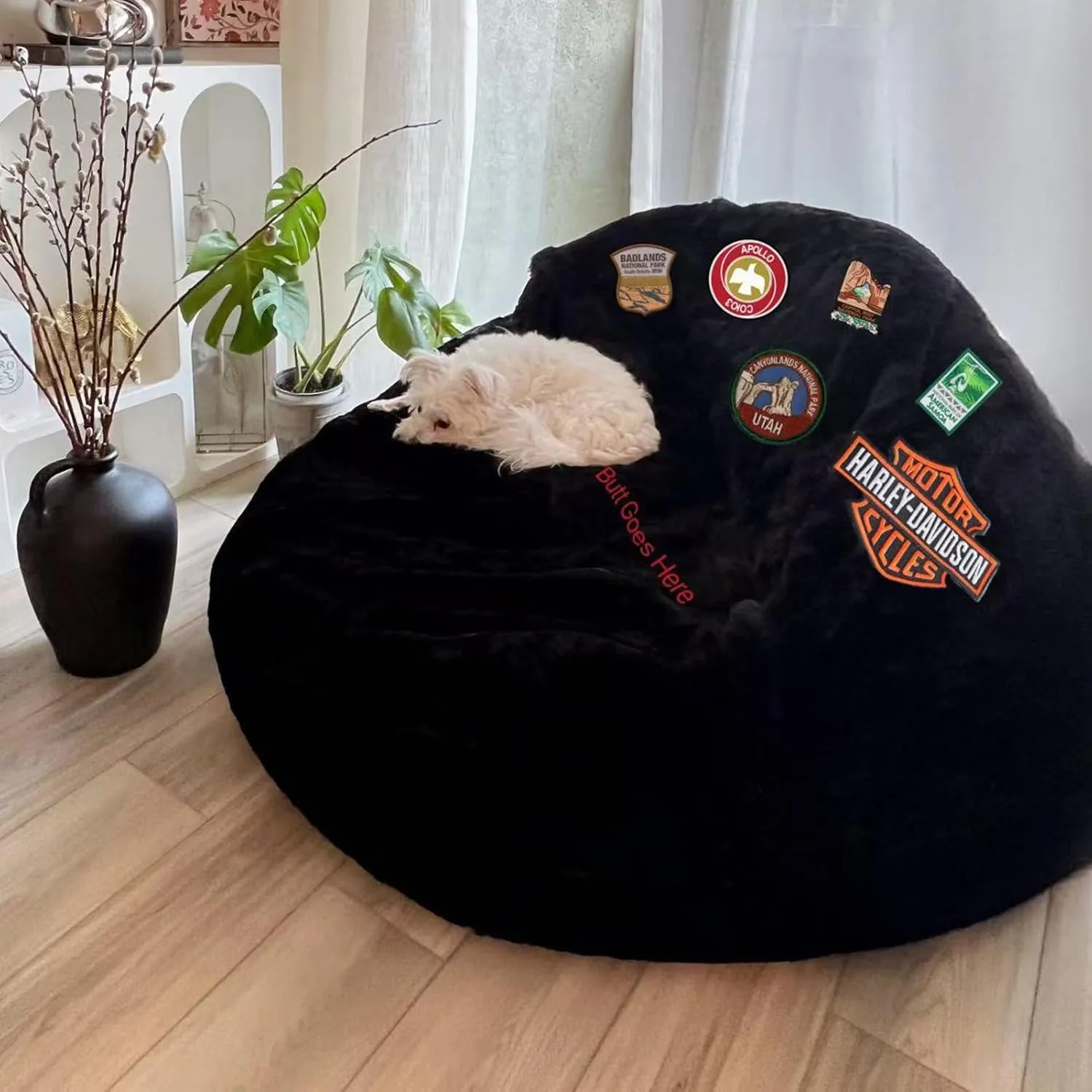 Words Embroidered 6FT Bean Bag Chair for Adults Kids No Filler Soft Oversized Round Giant Beanbag Chair Lazy Sofa Reading Chair Cover, Black