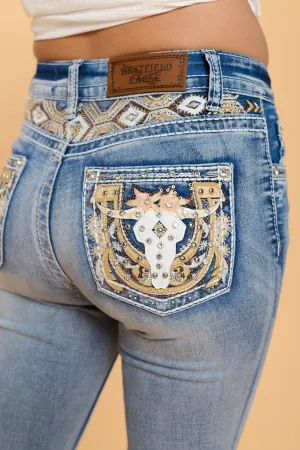 WT-738 BOOTCUT STRETCHY WOMEN'S BLING JEANS WESTFIELD EAGLE: LIGHT SAND WASH
