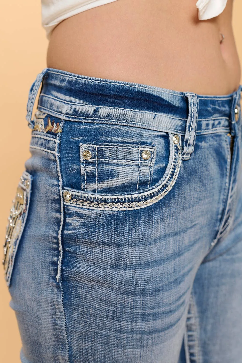 WT-738 BOOTCUT STRETCHY WOMEN'S BLING JEANS WESTFIELD EAGLE: LIGHT SAND WASH