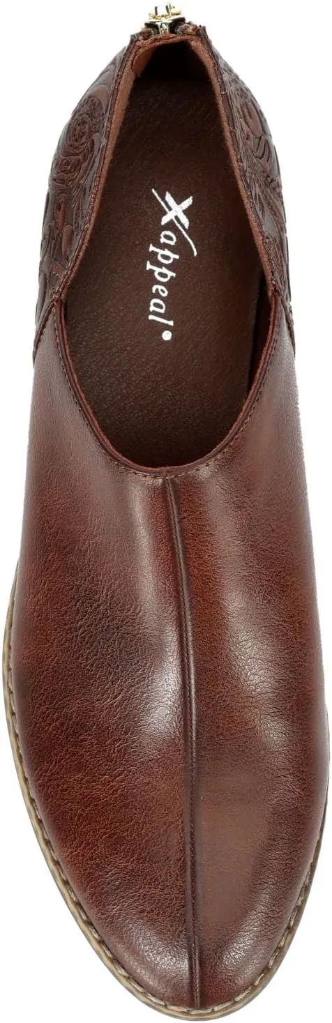 XAPPEAL Jolena - Women's Zip-up Chunky Low Heel Embossed Western Pointed Toe Ankle Booties