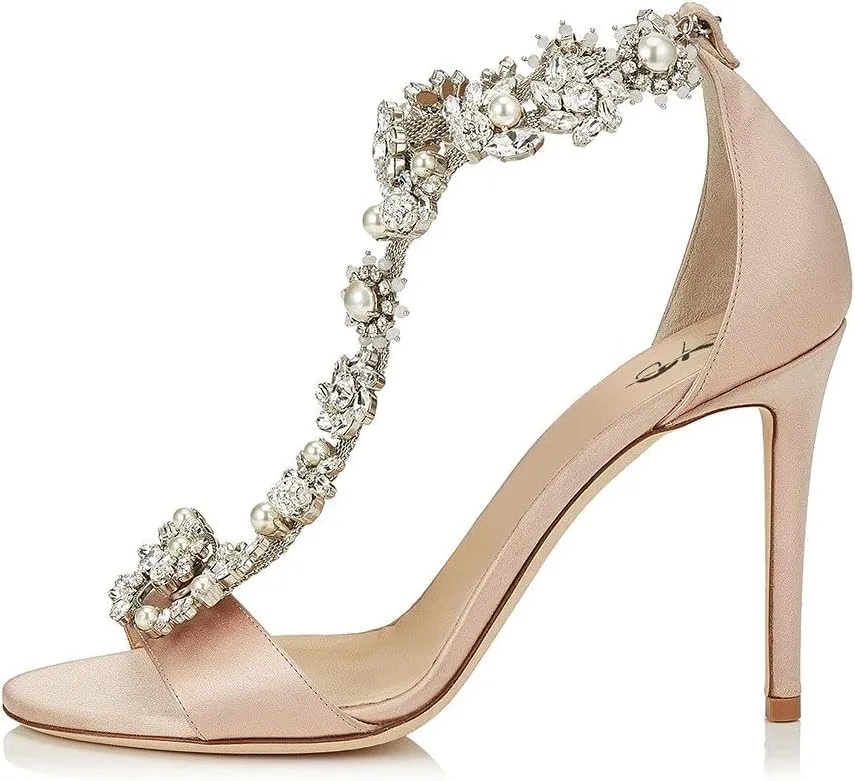 XYD Party Evening High Heel Shoes Stilettos Wedding Rhinestones Sandals T-Strap Crystal Prom Open Toe Satin Pumps for Women