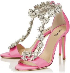 XYD Party Evening High Heel Shoes Stilettos Wedding Rhinestones Sandals T-Strap Crystal Prom Open Toe Satin Pumps for Women