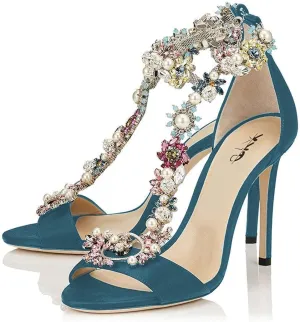 XYD Party Evening High Heel Shoes Stilettos Wedding Rhinestones Sandals T-Strap Crystal Prom Open Toe Satin Pumps for Women