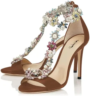 XYD Party Evening High Heel Shoes Stilettos Wedding Rhinestones Sandals T-Strap Crystal Prom Open Toe Satin Pumps for Women