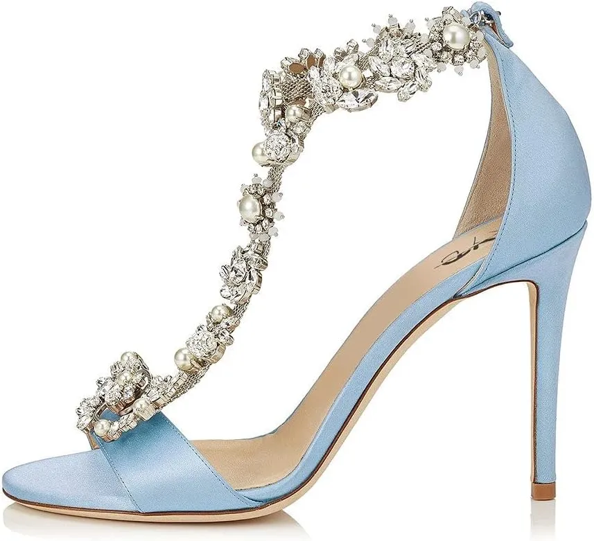XYD Party Evening High Heel Shoes Stilettos Wedding Rhinestones Sandals T-Strap Crystal Prom Open Toe Satin Pumps for Women