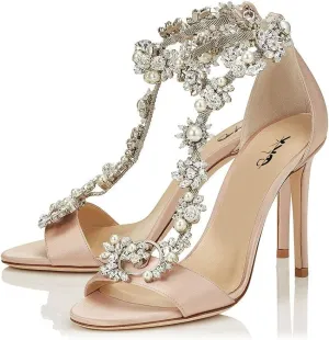 XYD Party Evening High Heel Shoes Stilettos Wedding Rhinestones Sandals T-Strap Crystal Prom Open Toe Satin Pumps for Women