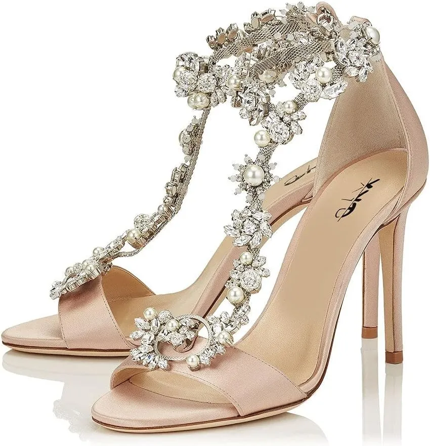 XYD Party Evening High Heel Shoes Stilettos Wedding Rhinestones Sandals T-Strap Crystal Prom Open Toe Satin Pumps for Women