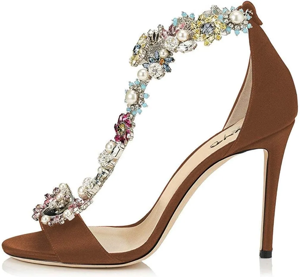 XYD Party Evening High Heel Shoes Stilettos Wedding Rhinestones Sandals T-Strap Crystal Prom Open Toe Satin Pumps for Women