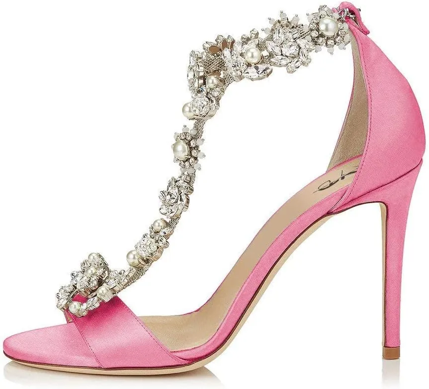 XYD Party Evening High Heel Shoes Stilettos Wedding Rhinestones Sandals T-Strap Crystal Prom Open Toe Satin Pumps for Women