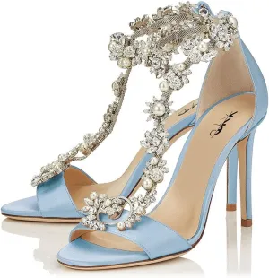 XYD Party Evening High Heel Shoes Stilettos Wedding Rhinestones Sandals T-Strap Crystal Prom Open Toe Satin Pumps for Women