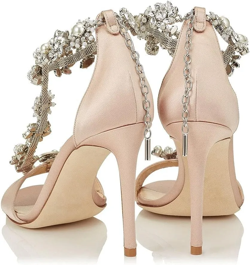 XYD Party Evening High Heel Shoes Stilettos Wedding Rhinestones Sandals T-Strap Crystal Prom Open Toe Satin Pumps for Women