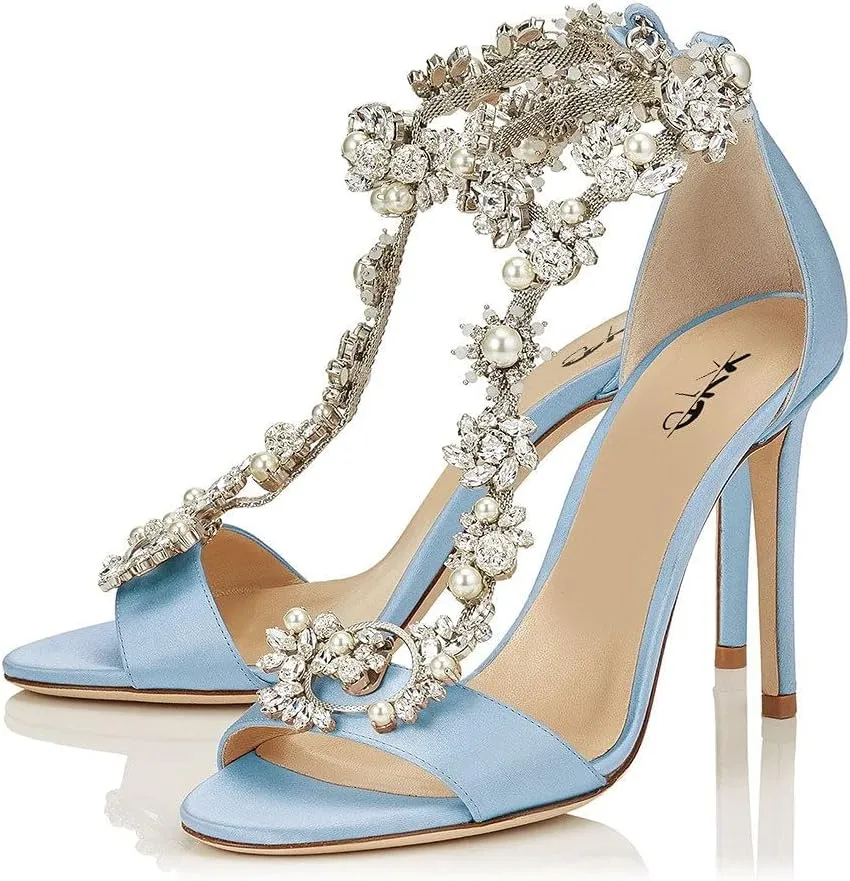 XYD Party Evening High Heel Shoes Stilettos Wedding Rhinestones Sandals T-Strap Crystal Prom Open Toe Satin Pumps for Women