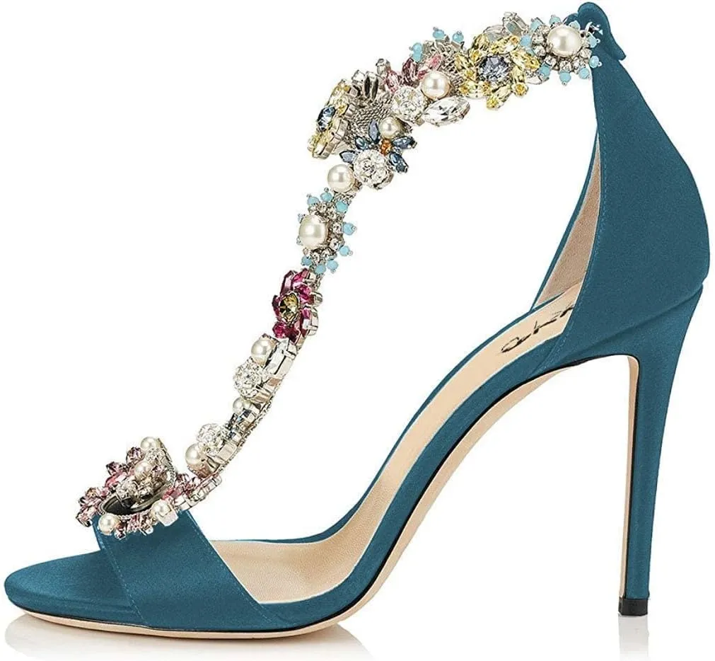 XYD Party Evening High Heel Shoes Stilettos Wedding Rhinestones Sandals T-Strap Crystal Prom Open Toe Satin Pumps for Women