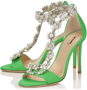 XYD Party Evening High Heel Shoes Stilettos Wedding Rhinestones Sandals T-Strap Crystal Prom Open Toe Satin Pumps for Women