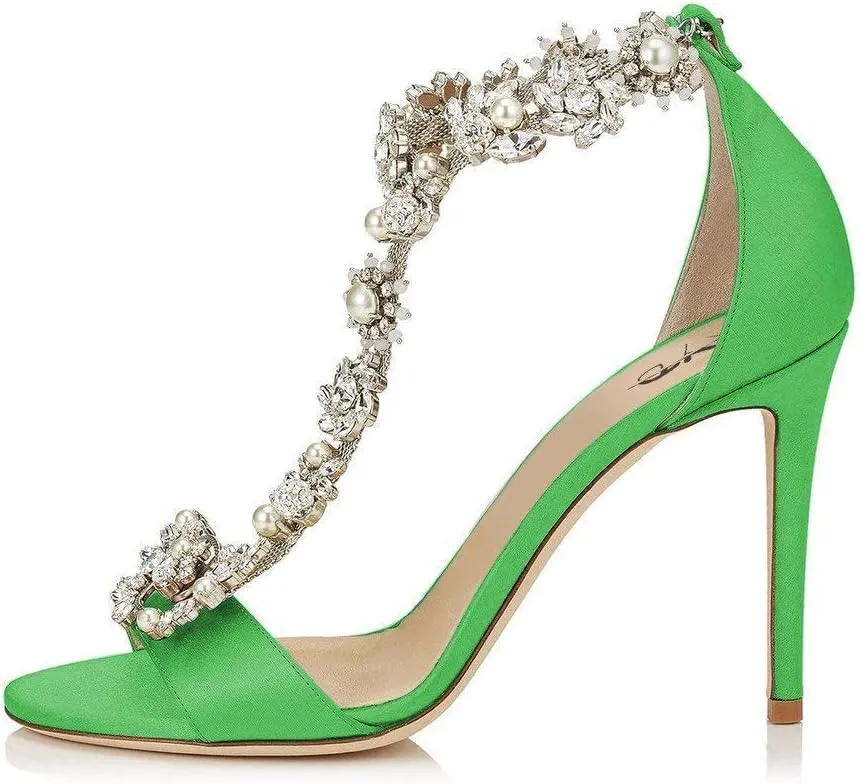 XYD Party Evening High Heel Shoes Stilettos Wedding Rhinestones Sandals T-Strap Crystal Prom Open Toe Satin Pumps for Women