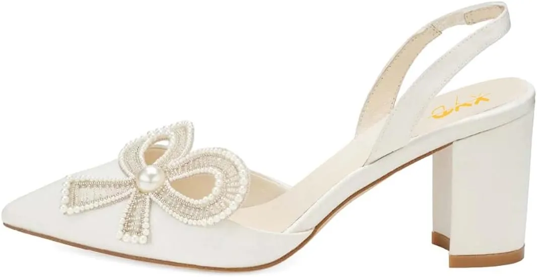 XYD Women Braided Bow Pointed Toe Pumps Mid Chunky Heel Slingback Sandals Pearls Studded Evening Wedding Shoes