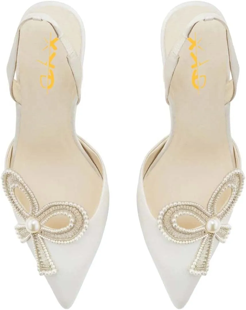 XYD Women Braided Bow Pointed Toe Pumps Mid Chunky Heel Slingback Sandals Pearls Studded Evening Wedding Shoes