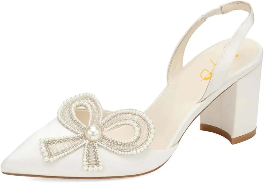 XYD Women Braided Bow Pointed Toe Pumps Mid Chunky Heel Slingback Sandals Pearls Studded Evening Wedding Shoes
