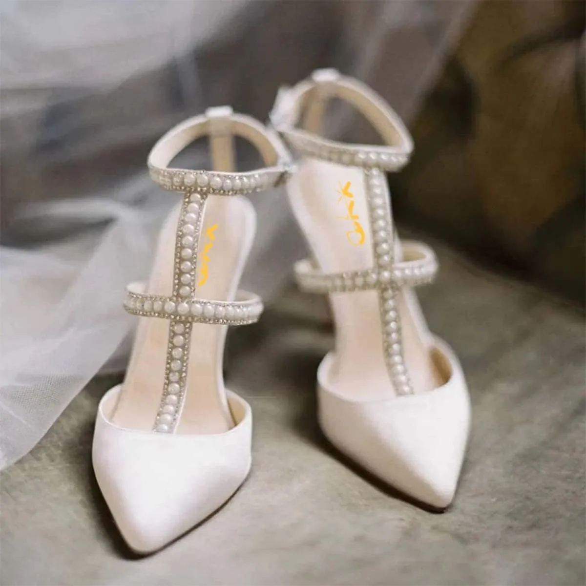 XYD Women Evening Shoes Pearls Crystals Strappy Satin Pointed Toe High Heels Cutout Ankle Strap Dress Bridal Pumps