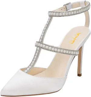 XYD Women Evening Shoes Pearls Crystals Strappy Satin Pointed Toe High Heels Cutout Ankle Strap Dress Bridal Pumps