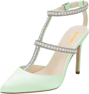 XYD Women Evening Shoes Pearls Crystals Strappy Satin Pointed Toe High Heels Cutout Ankle Strap Dress Bridal Pumps
