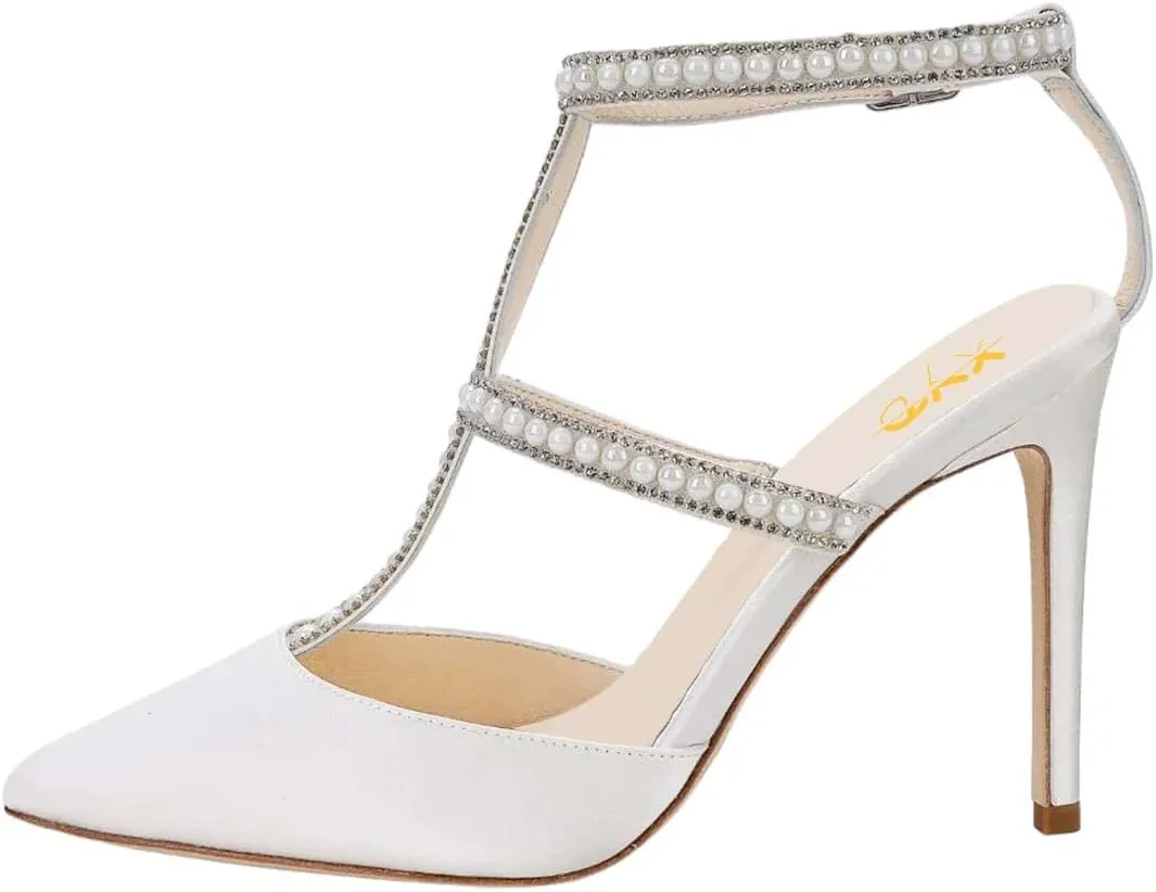 XYD Women Evening Shoes Pearls Crystals Strappy Satin Pointed Toe High Heels Cutout Ankle Strap Dress Bridal Pumps