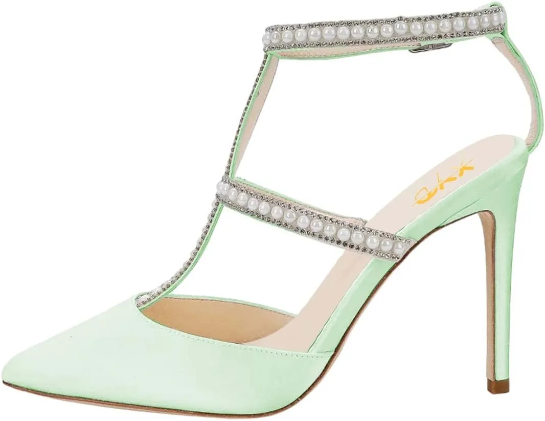 XYD Women Evening Shoes Pearls Crystals Strappy Satin Pointed Toe High Heels Cutout Ankle Strap Dress Bridal Pumps