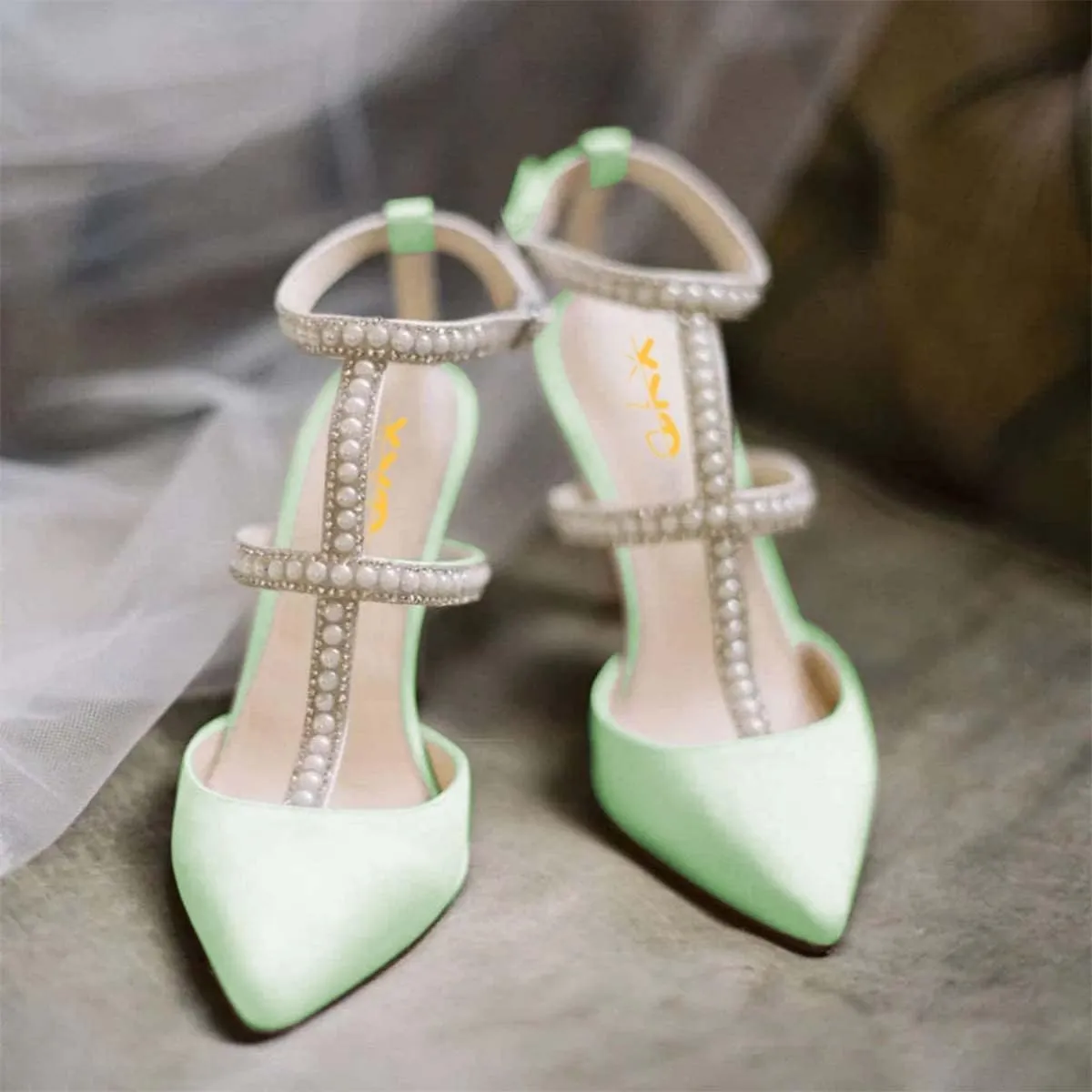 XYD Women Evening Shoes Pearls Crystals Strappy Satin Pointed Toe High Heels Cutout Ankle Strap Dress Bridal Pumps