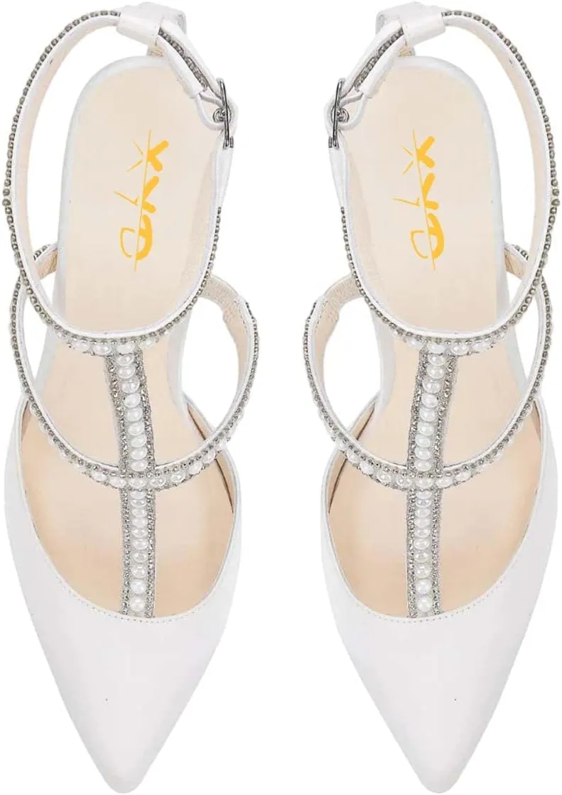 XYD Women Evening Shoes Pearls Crystals Strappy Satin Pointed Toe High Heels Cutout Ankle Strap Dress Bridal Pumps