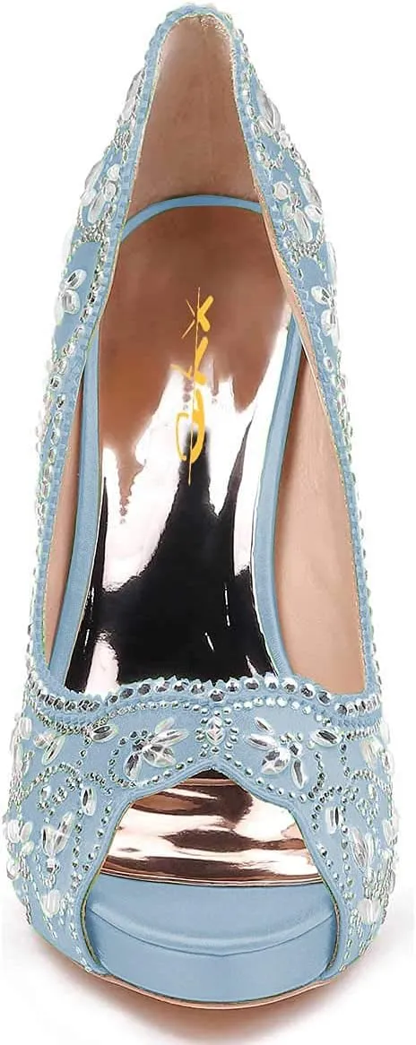 XYD Women Peep Toe Platform Rhinestones Studded Bridal Pumps Satin Stiletto Heels Slip On Wedding Bride Shoes