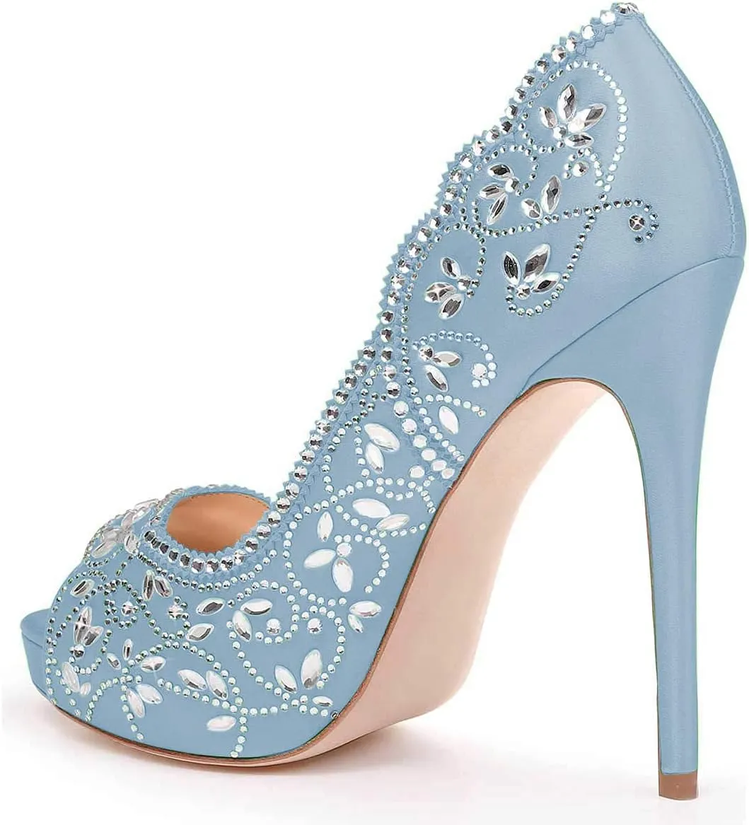 XYD Women Peep Toe Platform Rhinestones Studded Bridal Pumps Satin Stiletto Heels Slip On Wedding Bride Shoes
