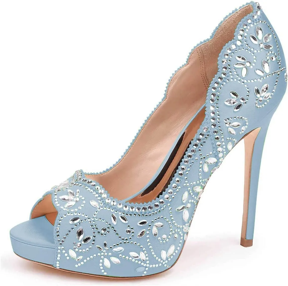 XYD Women Peep Toe Platform Rhinestones Studded Bridal Pumps Satin Stiletto Heels Slip On Wedding Bride Shoes
