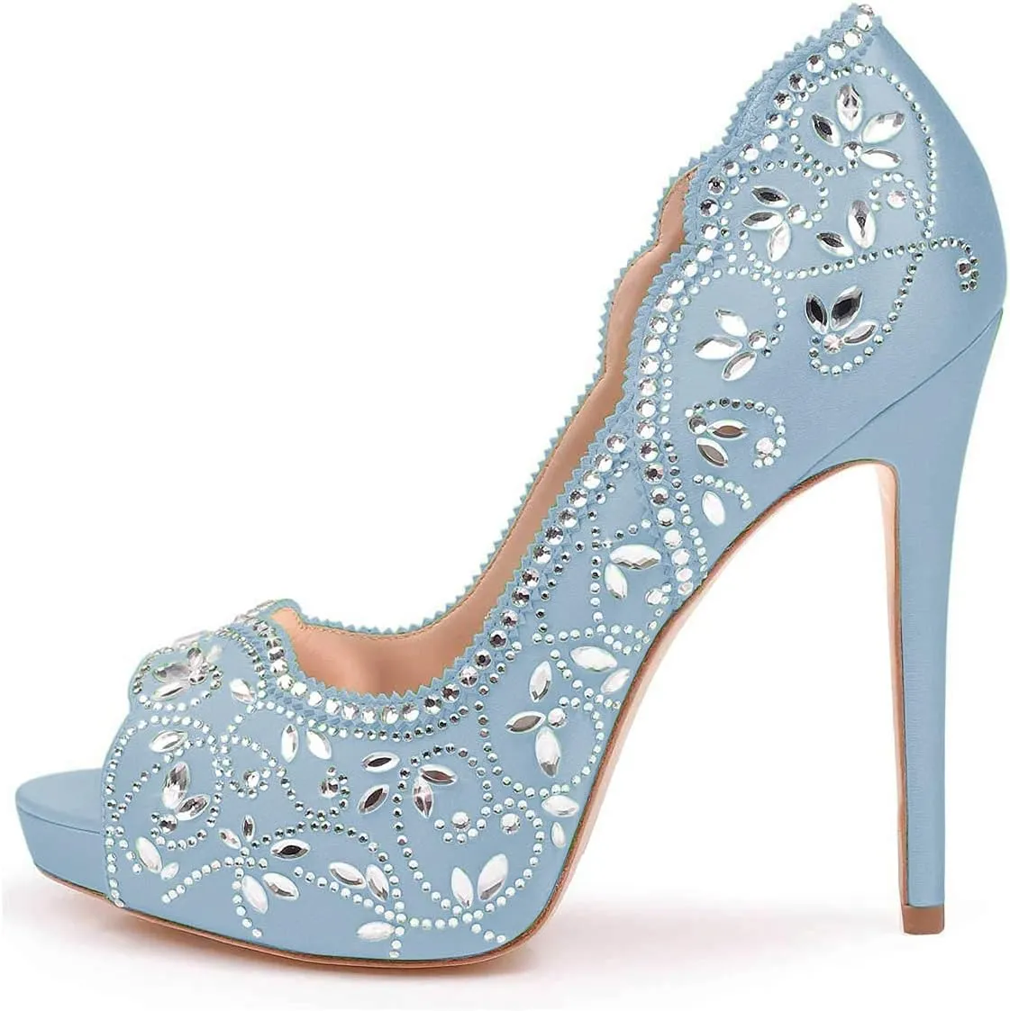 XYD Women Peep Toe Platform Rhinestones Studded Bridal Pumps Satin Stiletto Heels Slip On Wedding Bride Shoes