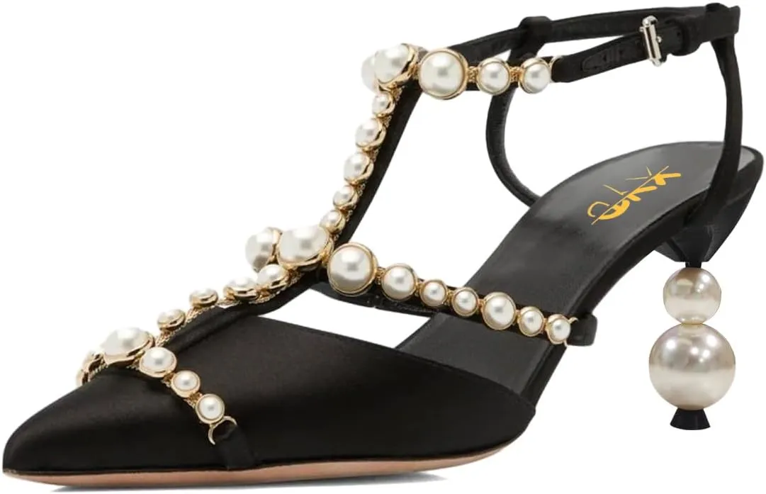 XYD Women Strappy Pumps Pearls Ornaments Pointed Toe Mid Heel Sandals Slingback Bridal Wedding Evening Dress Shoes