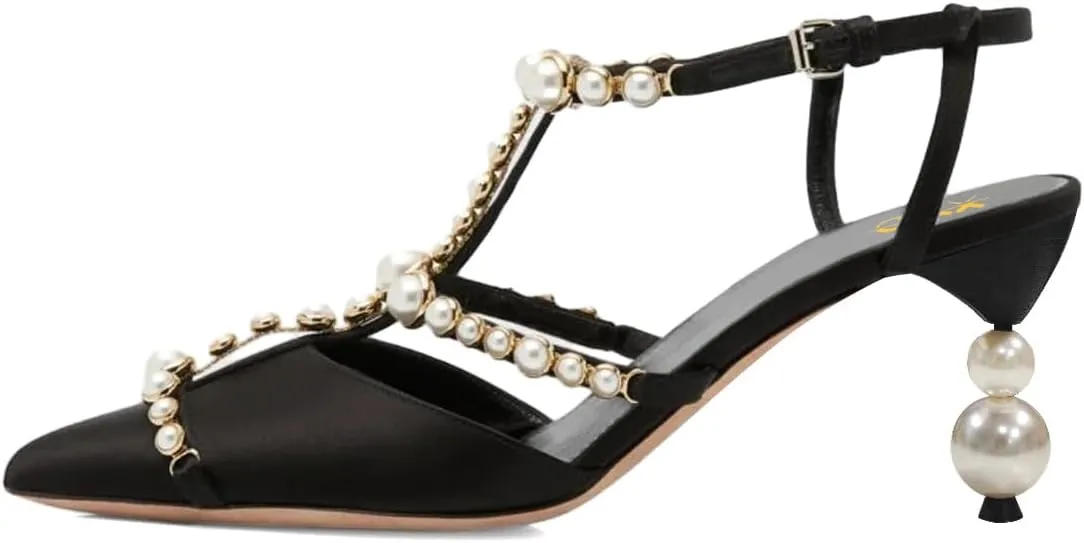 XYD Women Strappy Pumps Pearls Ornaments Pointed Toe Mid Heel Sandals Slingback Bridal Wedding Evening Dress Shoes